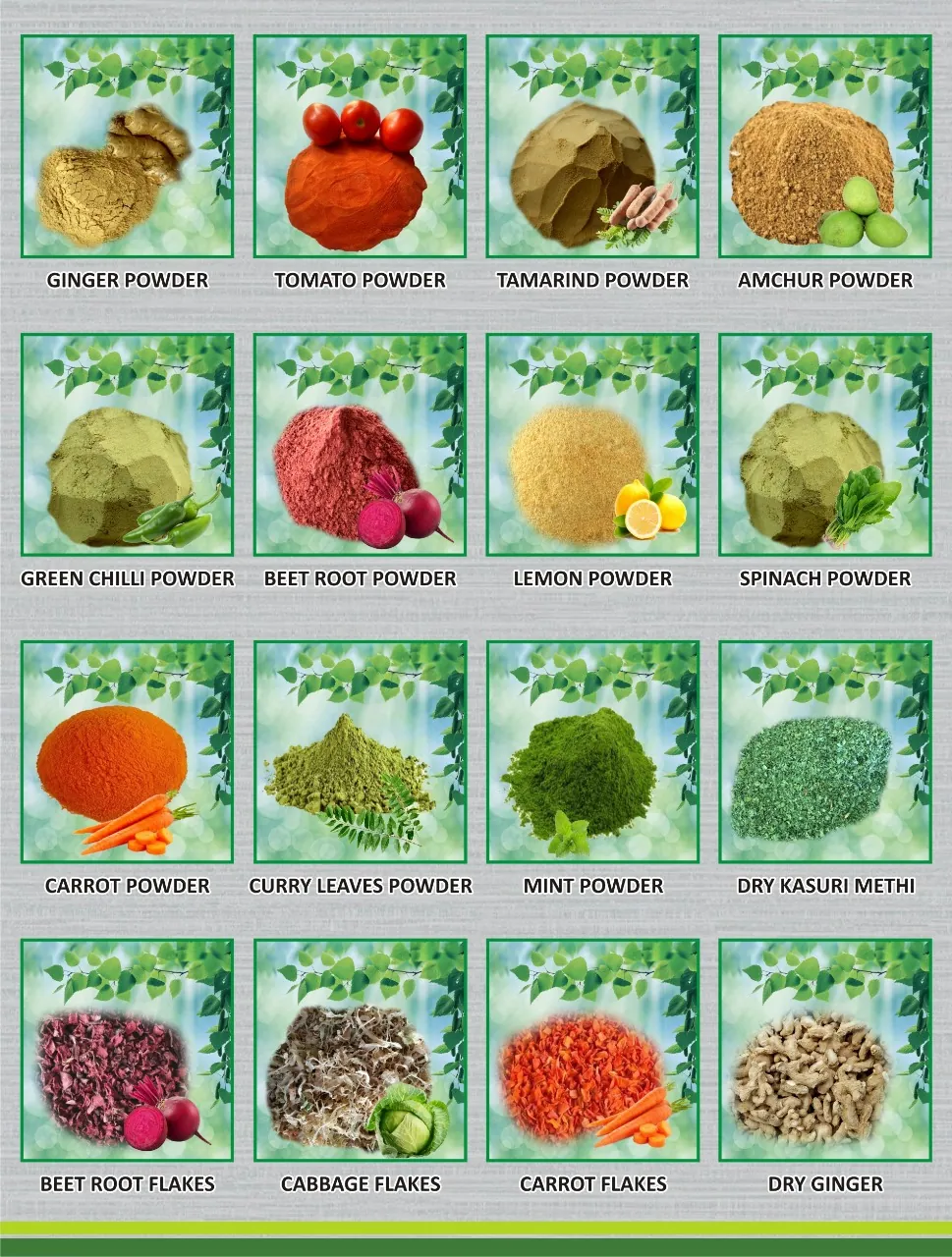 Catalogue of vegetable and spice powders, flakes and dry ginger