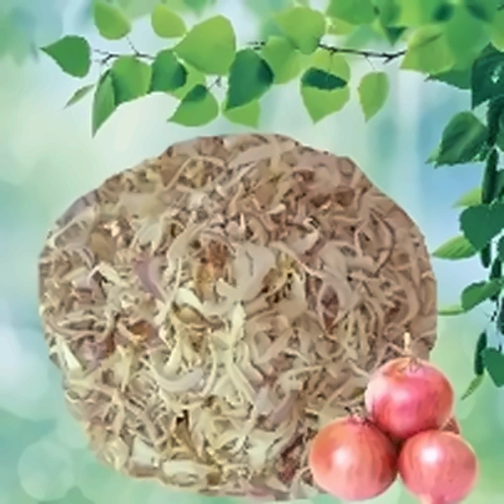 Dehydrated Pink Onion Flakes in a wooden bowl