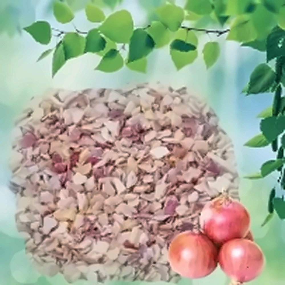 Dehydrated Pink Onion Granules in a wooden bowl