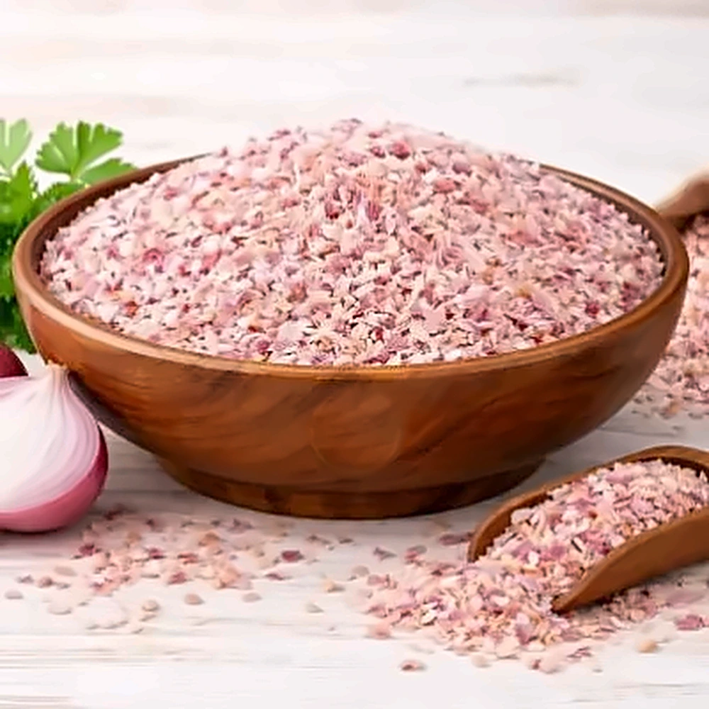 Dehydrated Pink Onion Minced in a wooden bowl