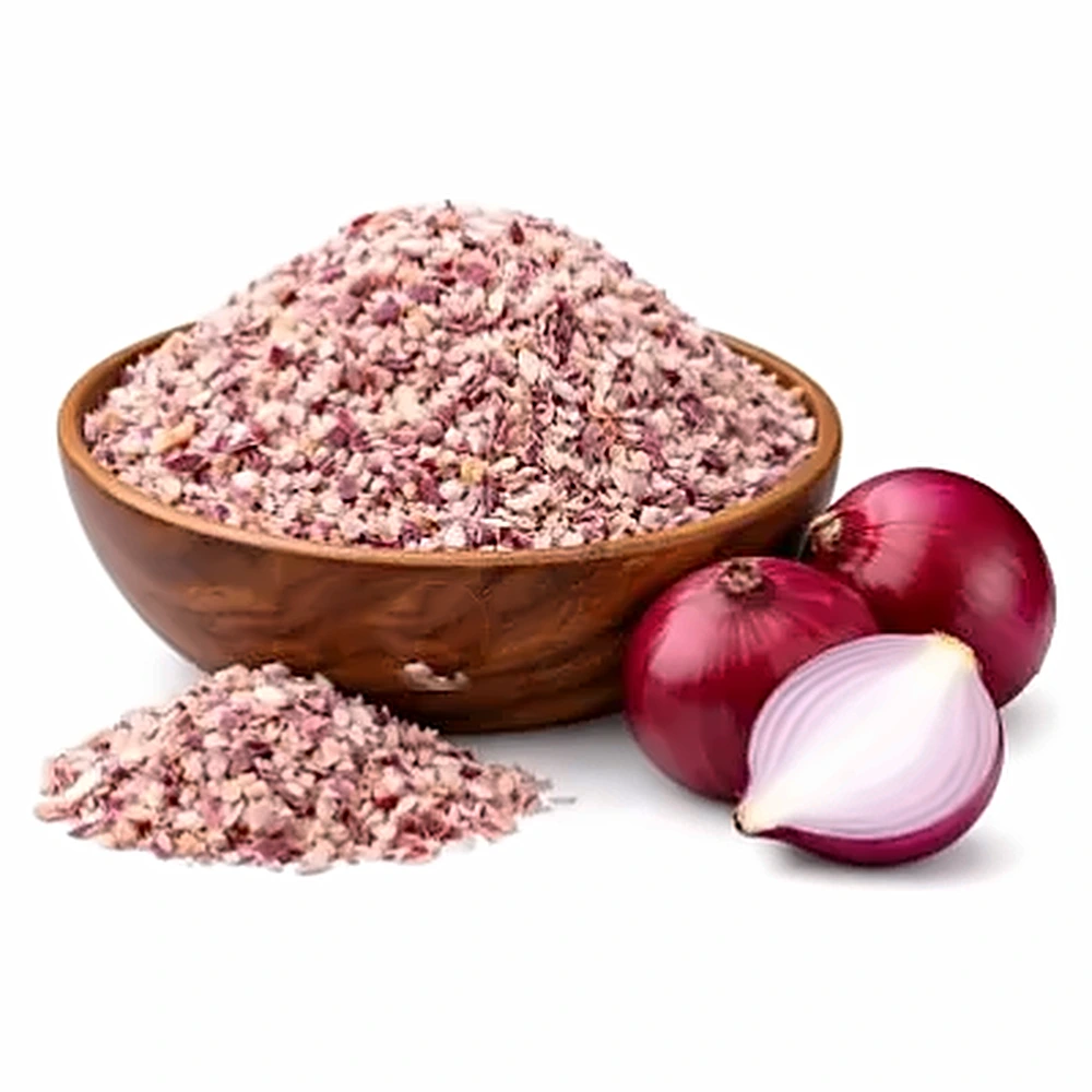 Dehydrated Red Onion Chopped in a wooden bowl