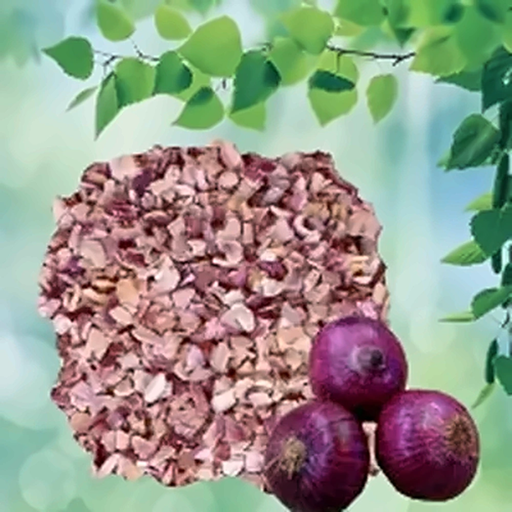 Dehydrated Red Onion Minced in a wooden bowl