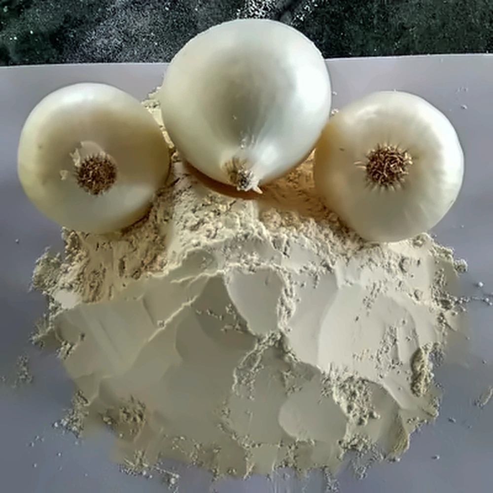 Dehydrated White Onion Powder in a wooden bowl
